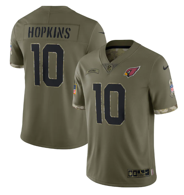 Men's Arizona Cardinals #10 DeAndre Hopkins Olive 2022 Salute To Service Limited Stitched Jersey Men's Arizona Cardinals #10 DeAndre Hopkins Olive 2022 Salute To Service Limited Stitched Jersey